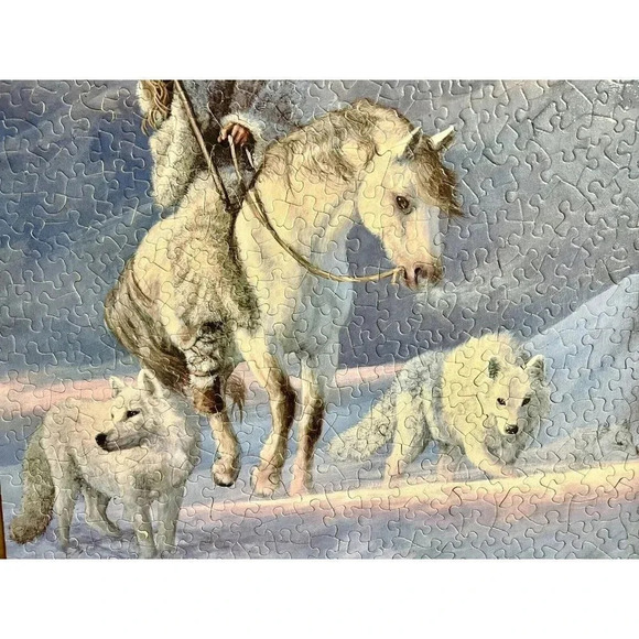 VTG Native American White Horse Wolves Wooden Framed Puzzle Arrow Art Decor - Picture 4 of 12